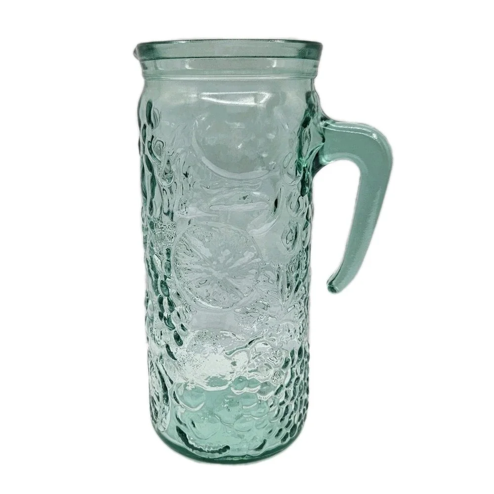 Vetreria Etrusca Italy Green Glass‎ Pitcher Embossed Fruit Grapes Citrus Relief